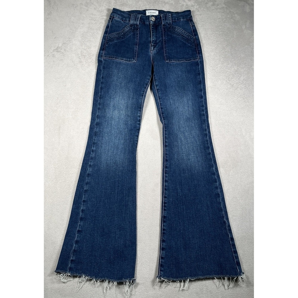 FRAME Le High Flare Patch Pocket Jeans Womens Size 26 High Rise Raw Hem Stretch